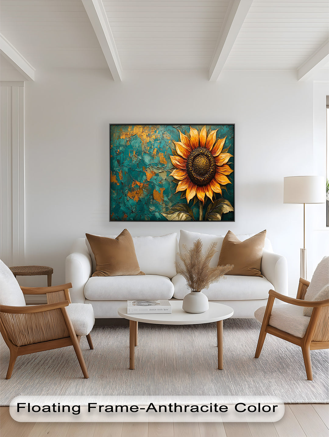 Sunflower on Textured Teal - Flower Oil Painting