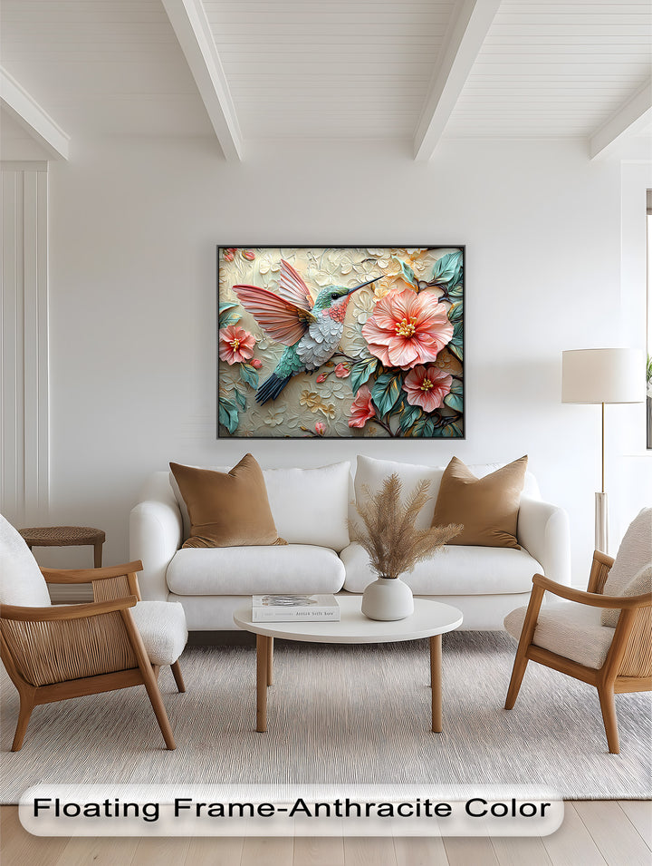 Spring Hummingbird with Pink Flowers – Framed Oil Painting