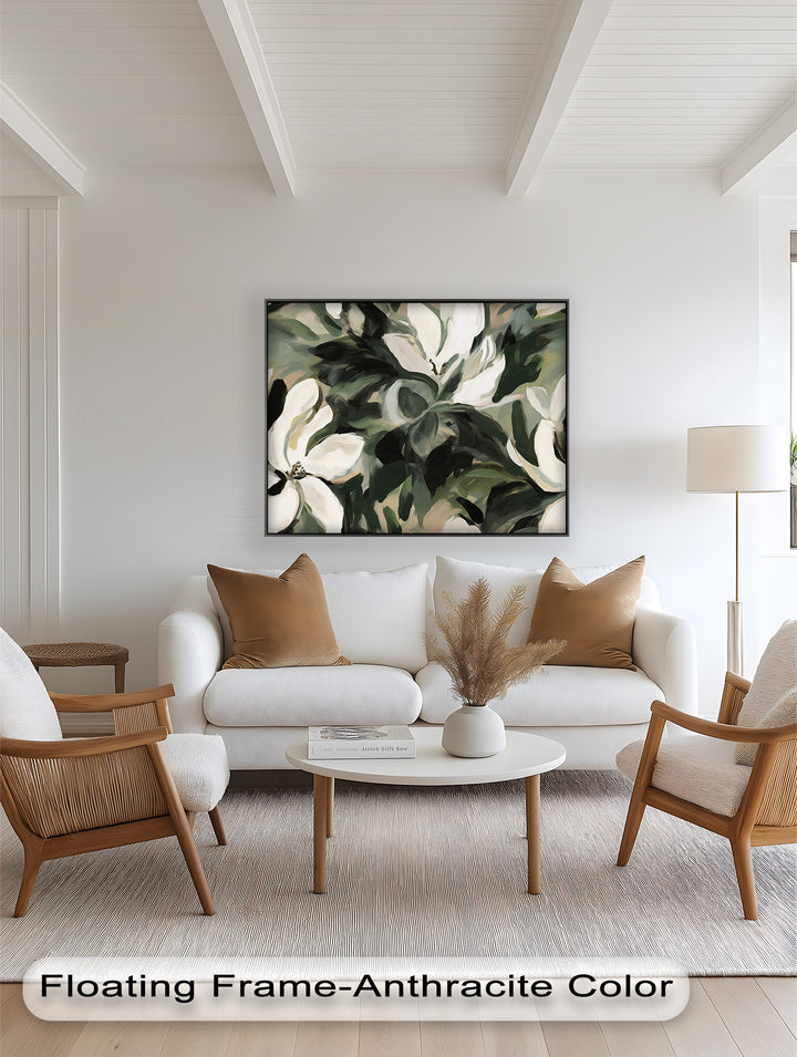 Cream Blooms in Forest Green - Flower Oil Painting