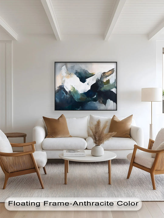 The realistic detail captures the depth of the Eclipsed Range abstract oil painting wall art, revealing bold mountain shadows in stunning blues and greens.