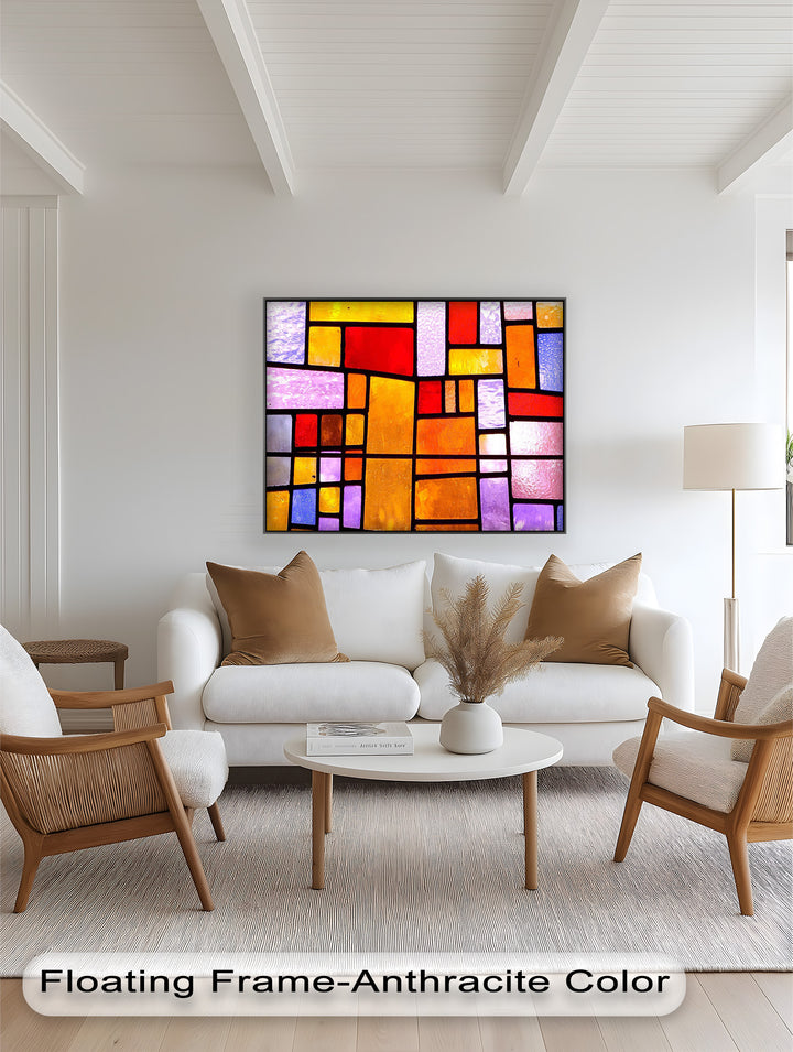 A sunlit composition of glowing color blocks in purple, amber, and red, divided by crisp black borders.