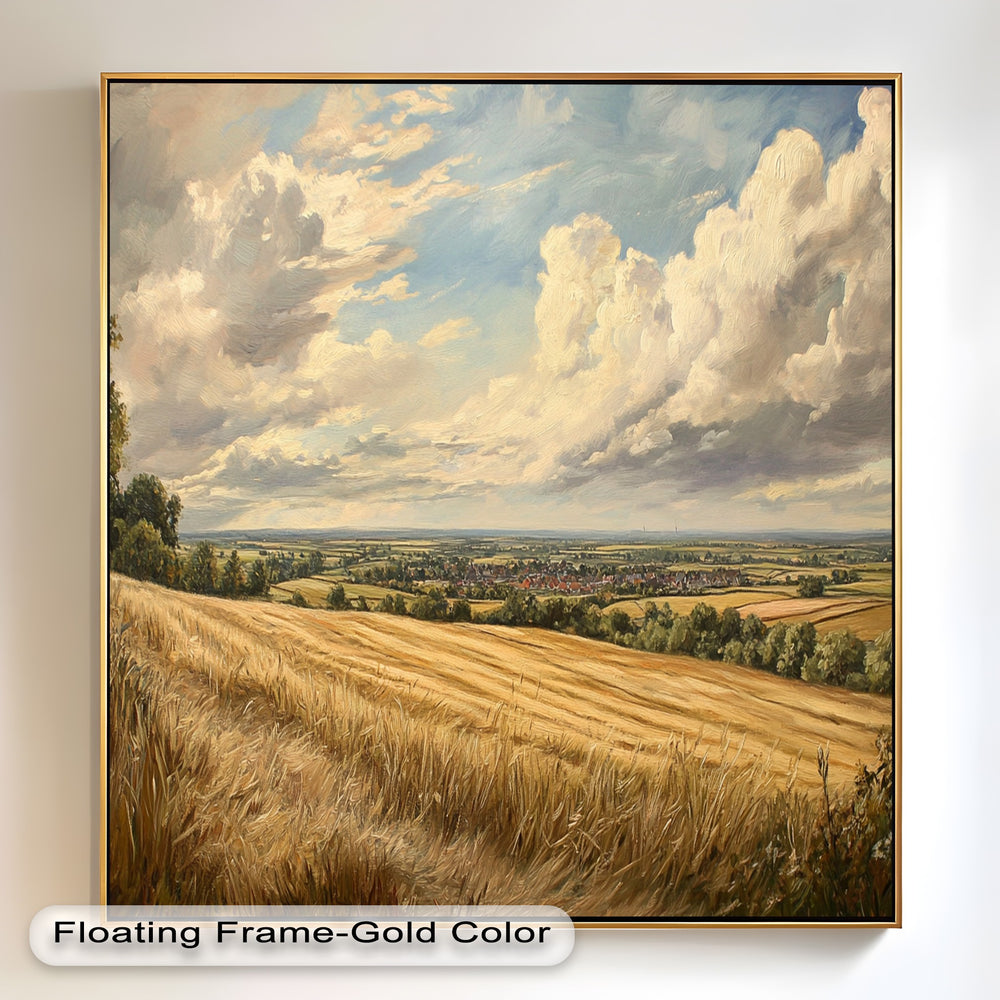 Countryside panorama with ripened grain and dramatic cumulus clouds.
