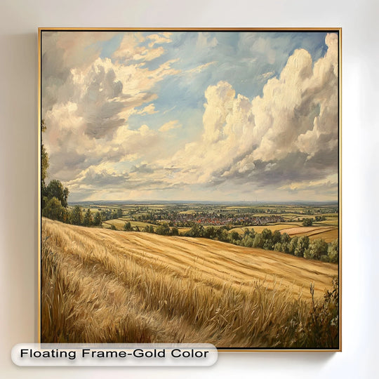 High color saturation enhances the warmth of the golden fields in this landscape oil painting art piece, creating a vibrant and inviting countryside scene.