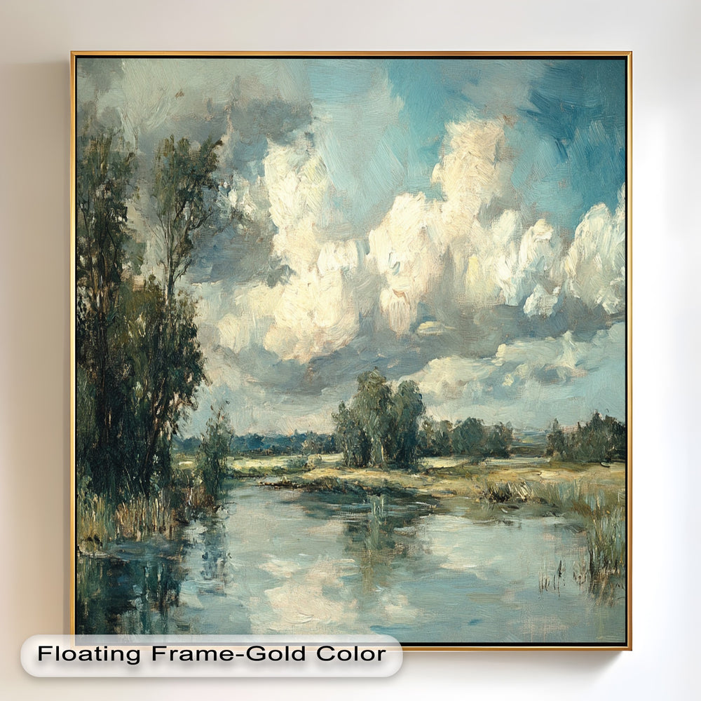 Pastoral river landscape under a vibrant blue sky with towering clouds.
