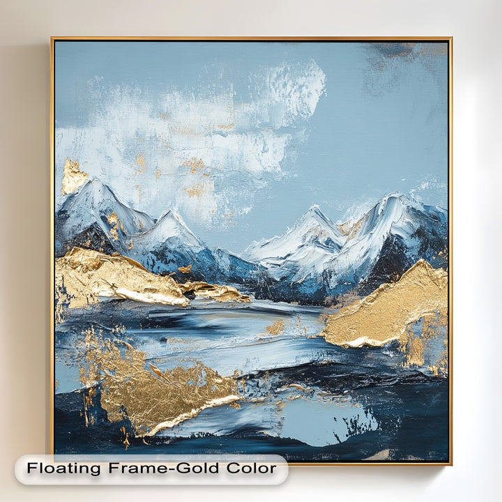 Arctic Peaks – Abstraktes Ölgemälde mit Bergmotiven in Blau und Gold