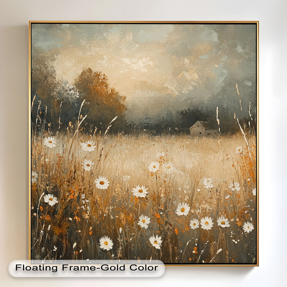 Country field wall art featuring wildflowers and a distant farmhouse.
