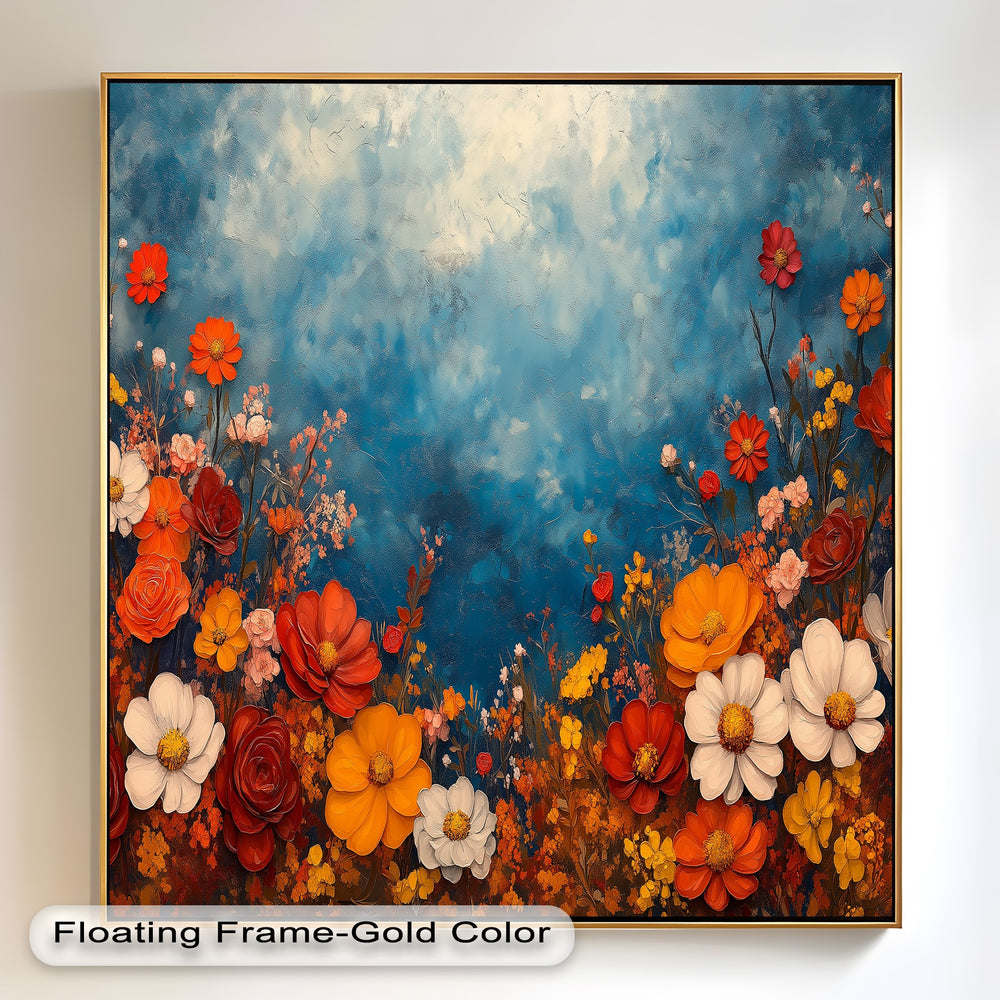 Colorful wildflower meadow art set against a deep textured blue sky.
