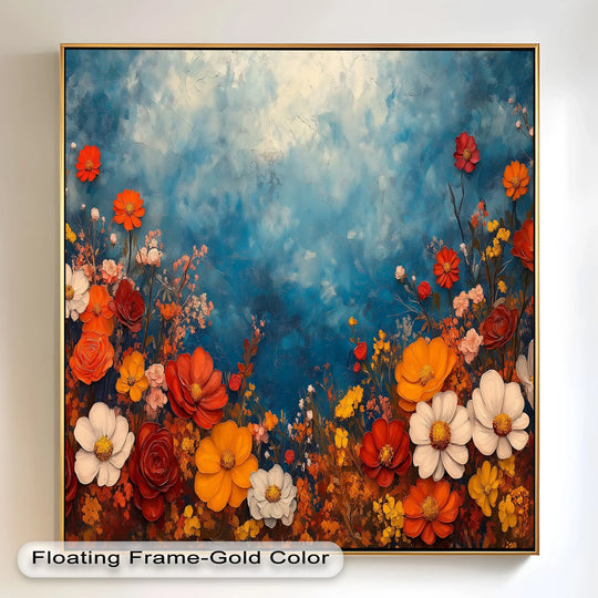The focal point is a vibrant blooming horizon floral oil painting reproduction print featuring textured brushstrokes in warm red, orange, and white hues against a soft blue backdrop.