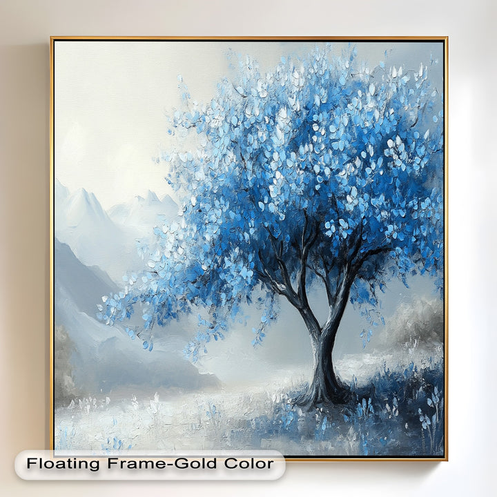 Tranquil landscape featuring a solitary blue tree in soft light.
