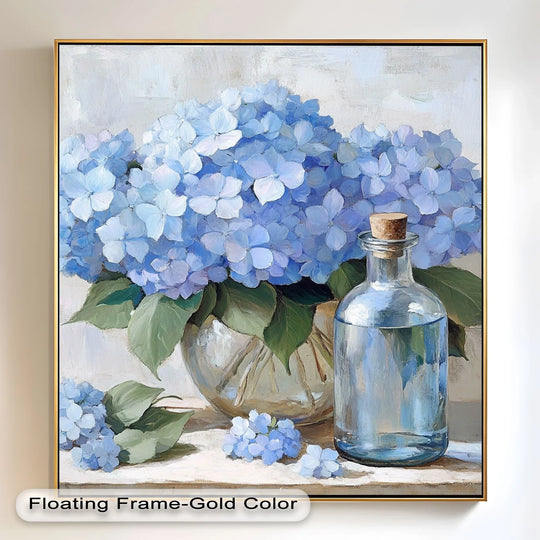 Vibrant blues dominate this modern oil painting, showcasing high color saturation in an oil painting reproduction print of a floral still life with hydrangeas and a glass bottle.