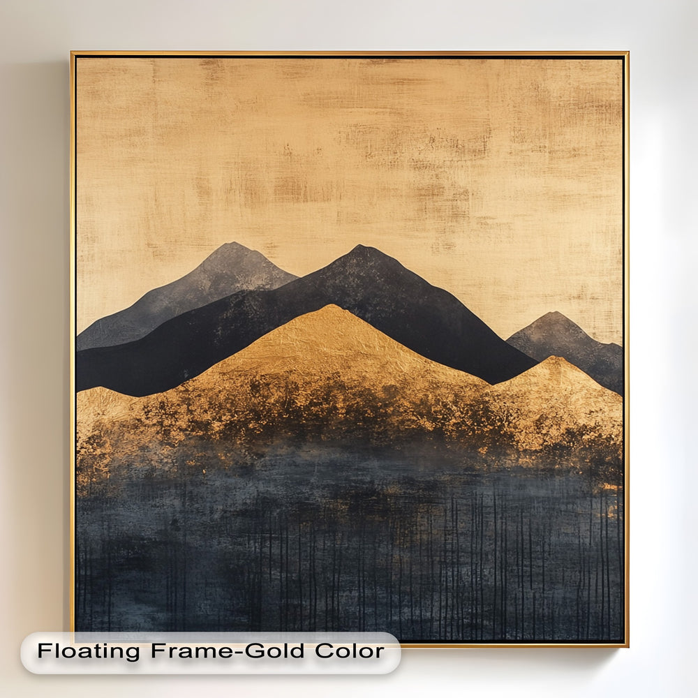 Abstract mountain landscape art with rich gold leaf accents and dark peaks.
