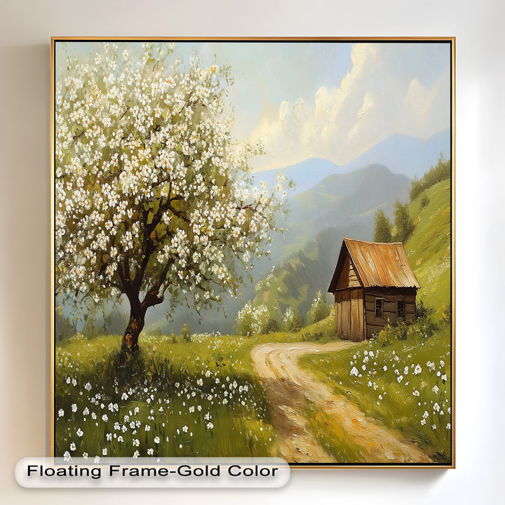 Idyllic meadow scene with flowering tree and cozy hillside cabin.
