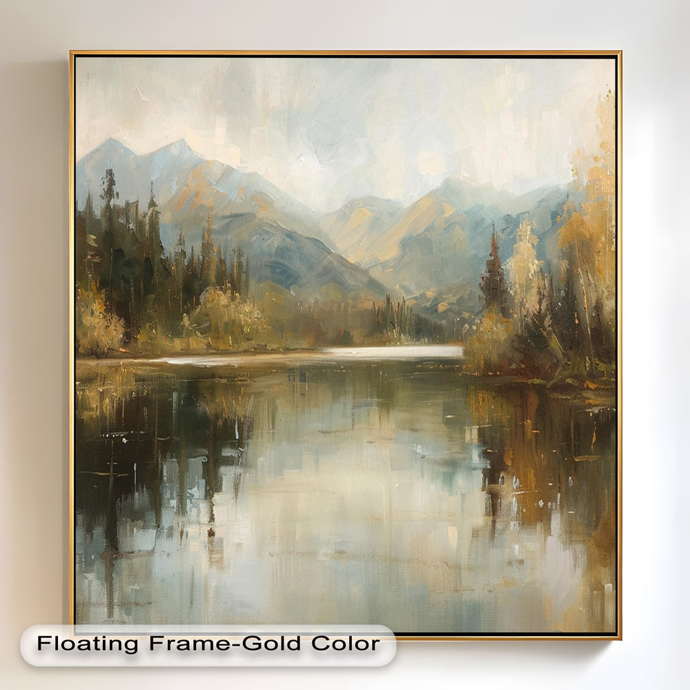 Peaceful forest and lake scene framed by distant misty mountains.
