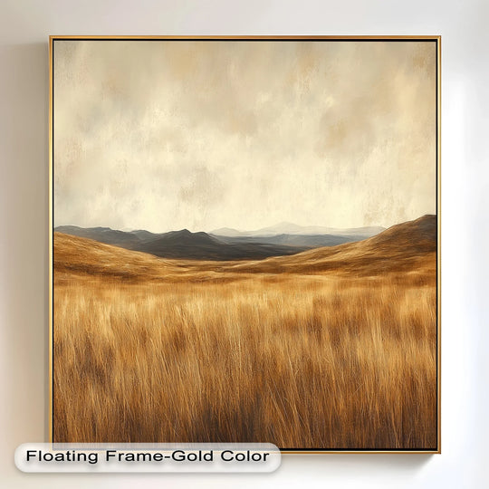 Golden prairie horizon landscape shines in modern oil painting art with intricately textured foreground grasses in shades of gold and brown.