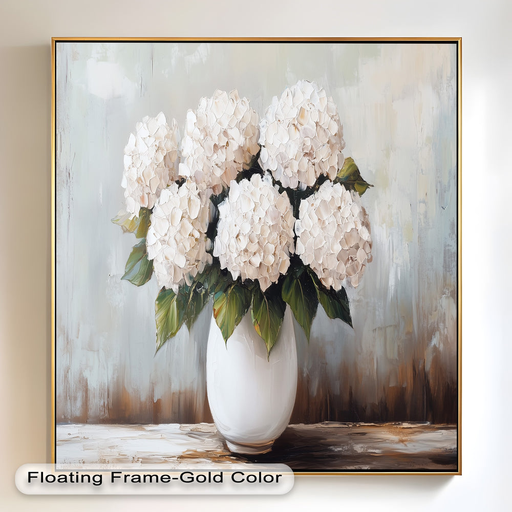 Neutral floral still life with textured hydrangeas and soft background.
