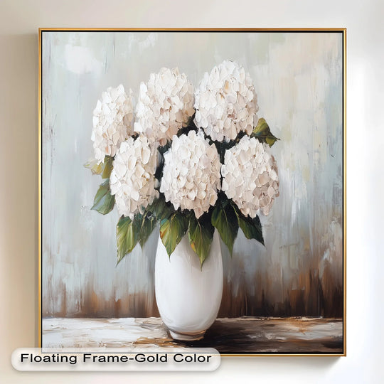 Negative space highlights the lush, creamy hydrangeas of this still life oil painting wall art, emphasizing their volume against the textured backdrop.