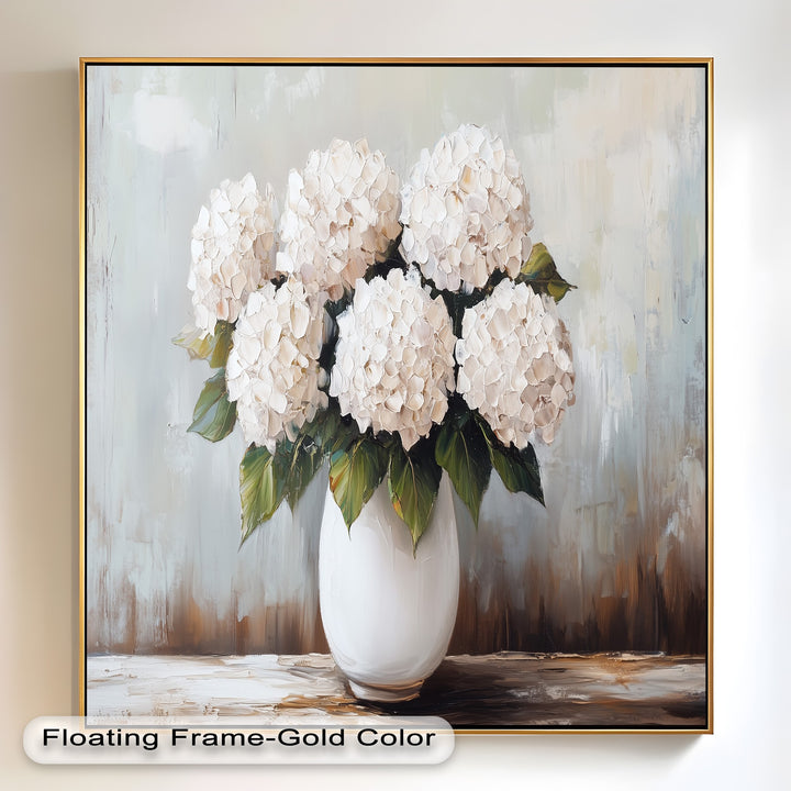 Neutral floral still life with textured hydrangeas and soft background.
