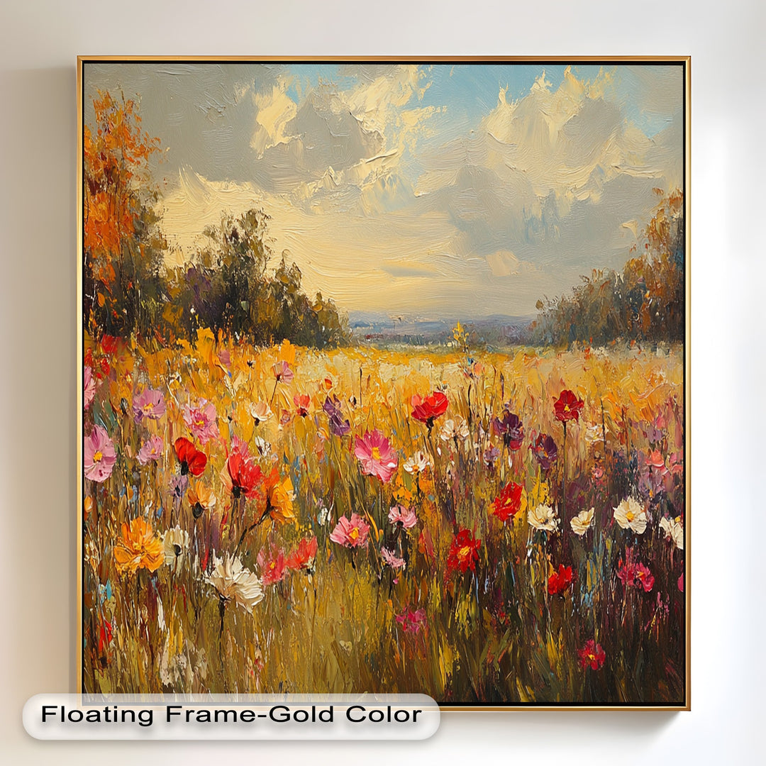 Sunlit field of flowers with red, pink, and white accents.
