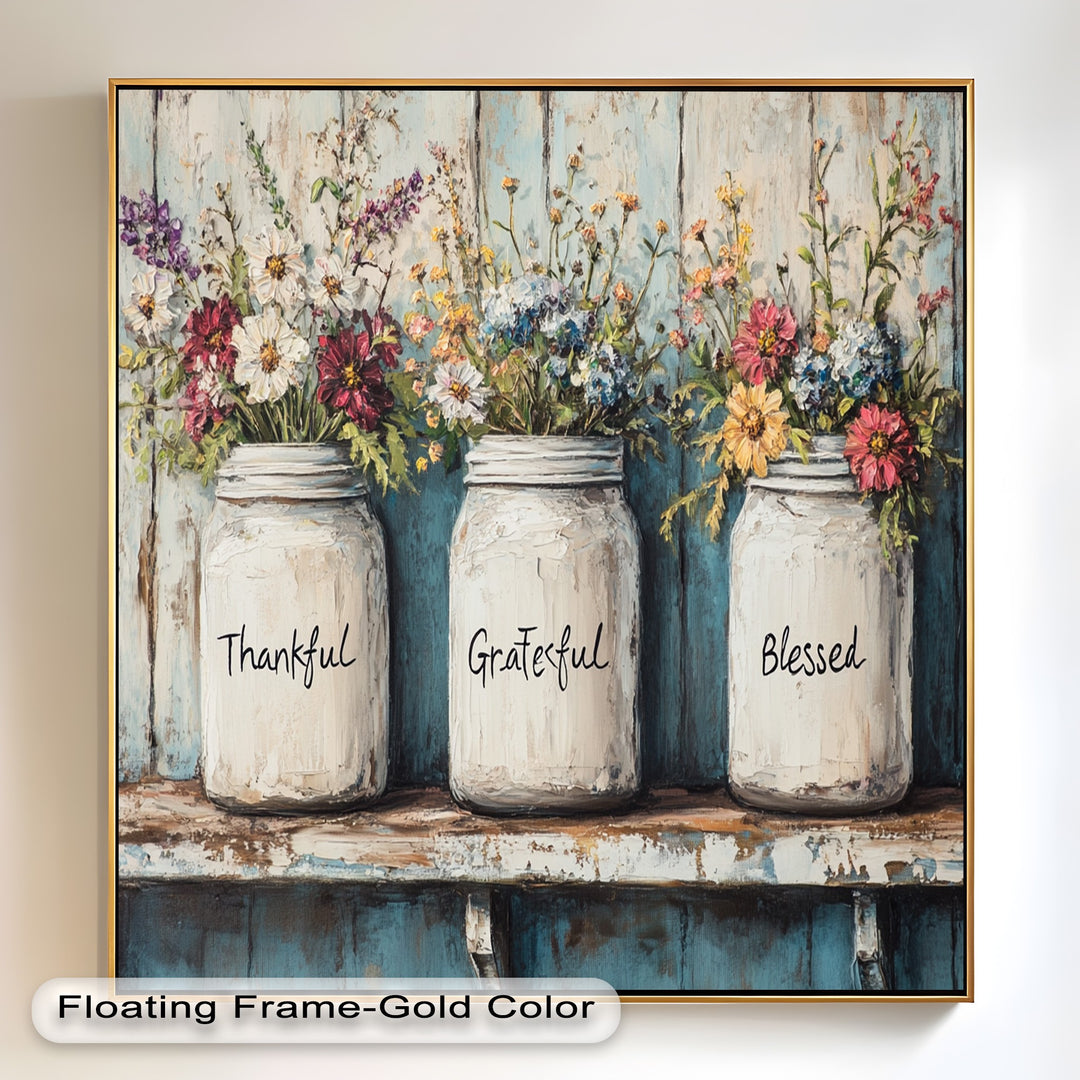 Thankful Grateful Blessed – Floral Jar Oil Painting
