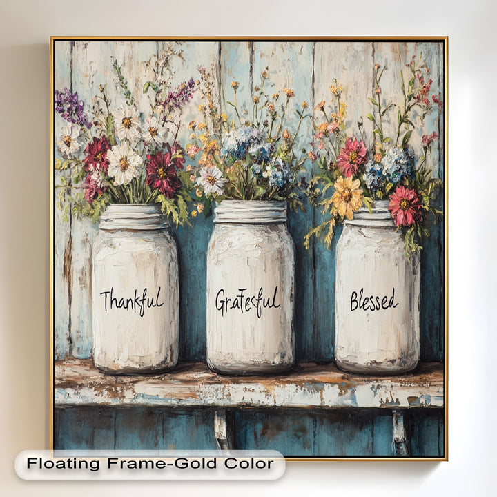 Thankful Grateful Blessed – Floral Jar Oil Painting