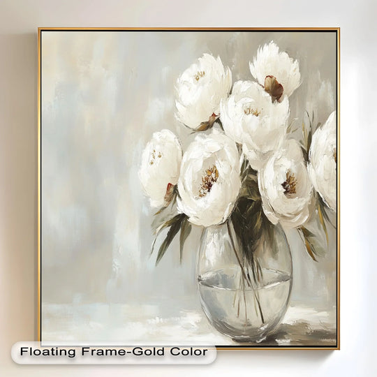 Subtle color saturation enhances the delicate beauty of the white peony bouquet floral oil painting artwork, featuring a clear vase for elegant home decor.