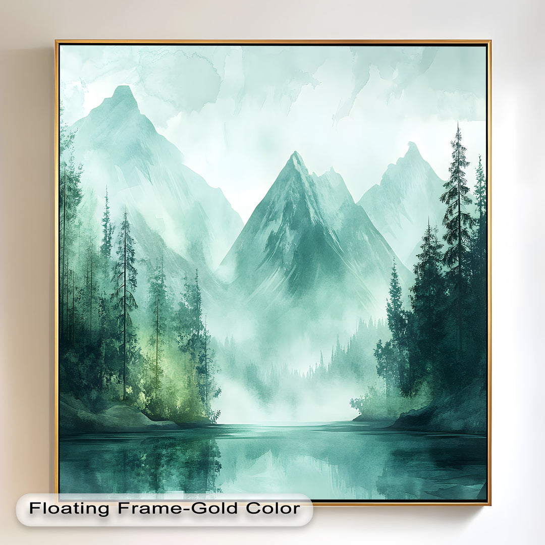 Misty mountain lake scene with towering pine forests.
