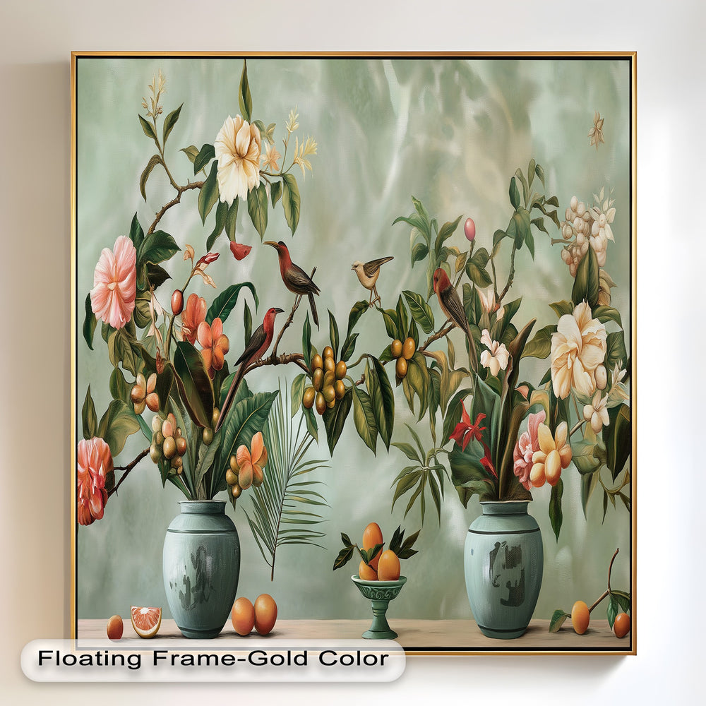 Elegant floral artwork featuring tropical blooms, birds, and citrus accents.

