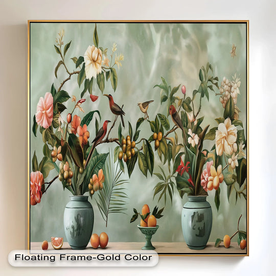 In the foreground detail, a medley of citrus fruits and delicately crafted vases accent this tropical still life, enriching its oil painting home decor appeal.