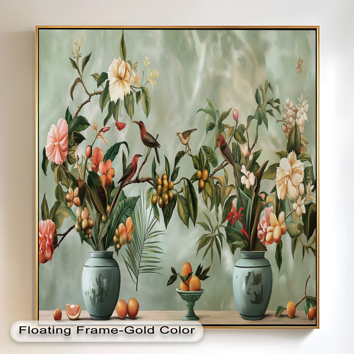 Elegant floral artwork featuring tropical blooms, birds, and citrus accents.

