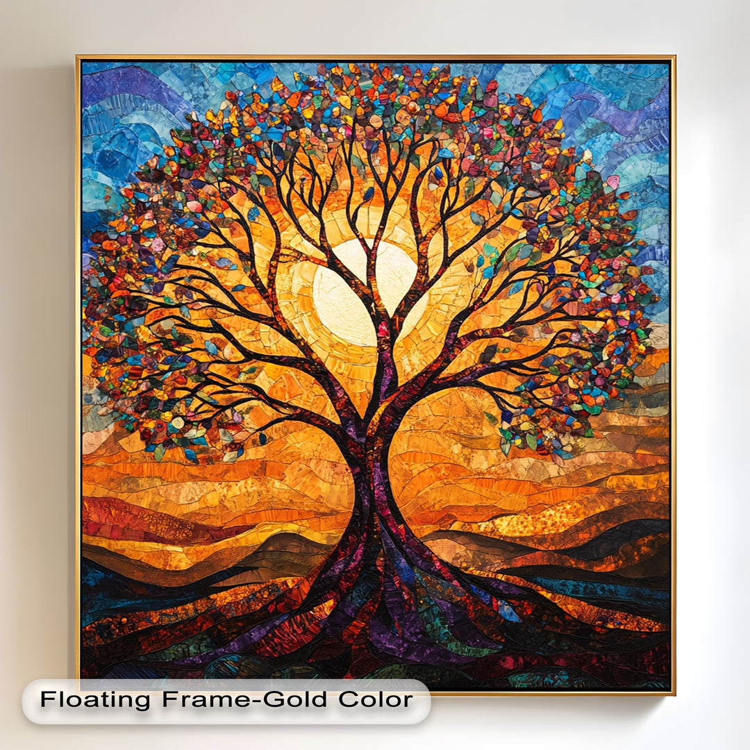 Abstract tree wall art with multicolored foliage and sunrise hues.

