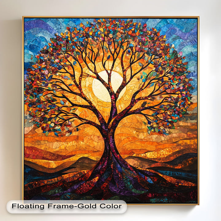 Abstract tree wall art with multicolored foliage and sunrise hues.

