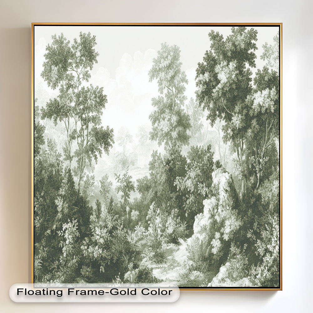 Serene woodland scene featuring lush greenery and classic toile design.
