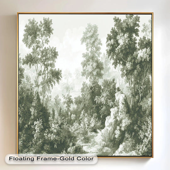 The stillness of a vintage green forest scene evokes a sense of calm with this modern oil painting art piece, offering a classic landscape view.