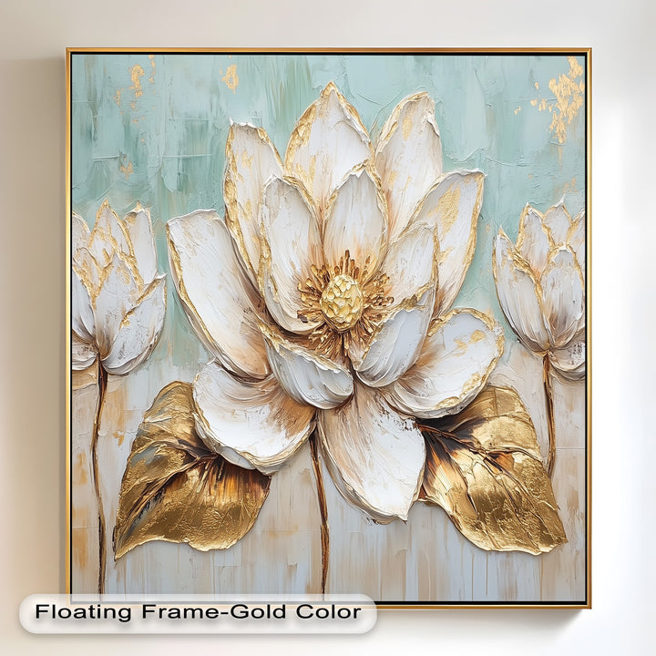 Elegant lotus blossoms in soft mint and gold.
