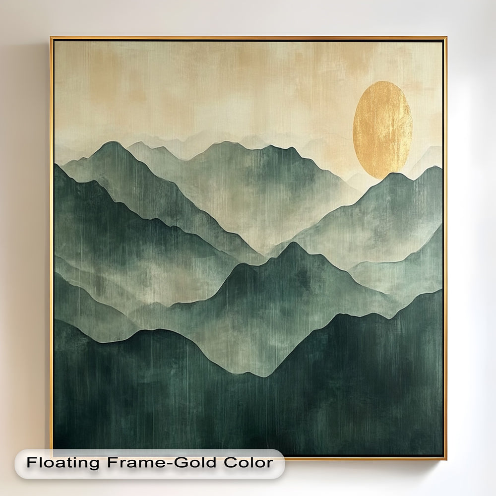 Minimalist mountain artwork featuring a golden sun at dusk.
