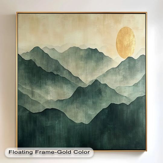 Modern oil painting art depicts a golden sun rising over misty mountains in this minimalist landscape oil painting framed in gold.