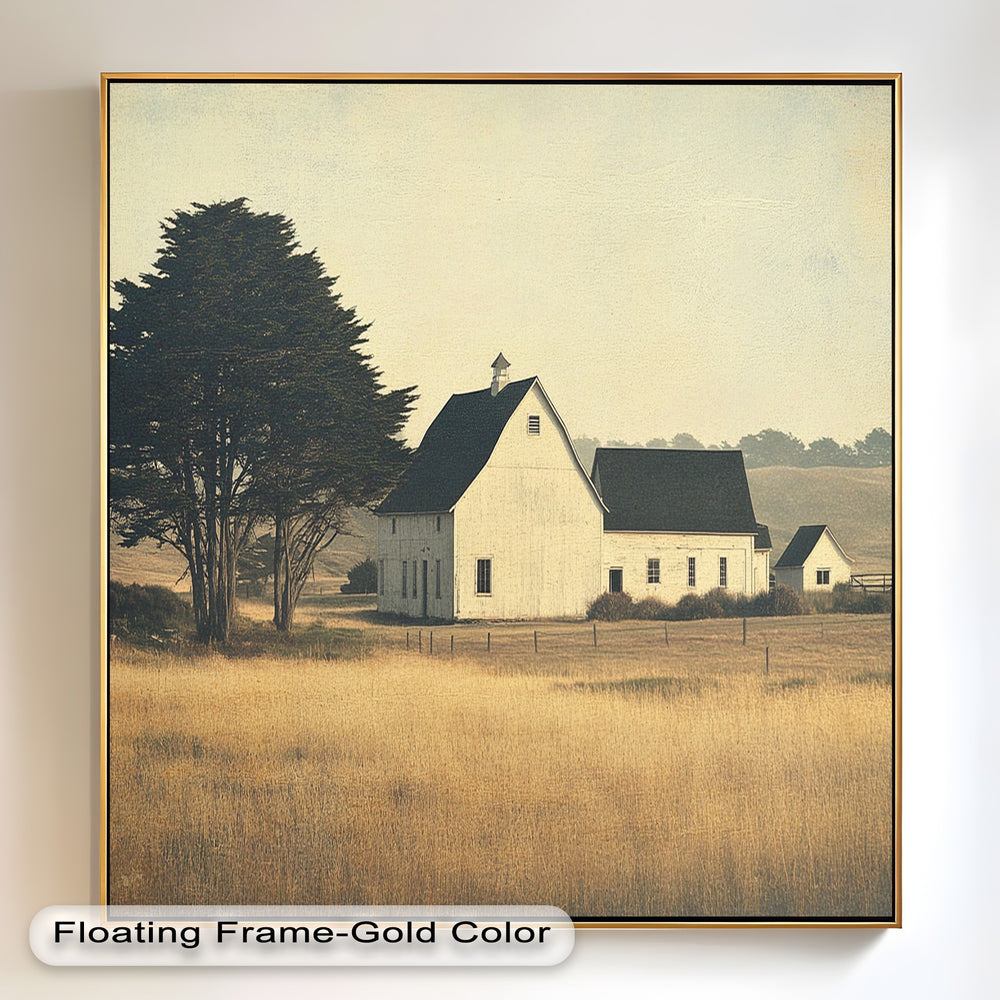Tranquil rural setting featuring historic farmhouse and open land.
