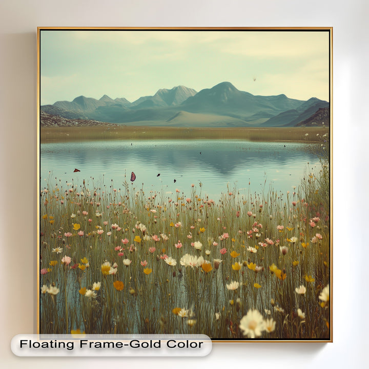 Butterfly Bloom by the Lake – Framed Oil Painting
