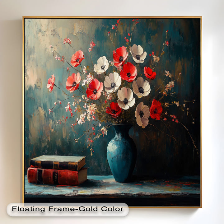 Vibrant Floral Vase with Books – Botanical Oil Paintings