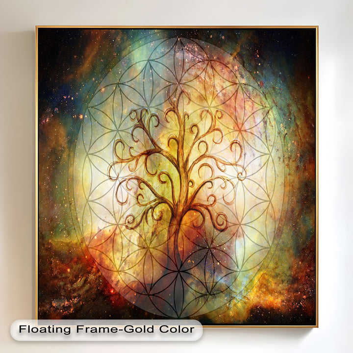 A celestial-inspired artwork blending nature and the cosmos, with an ethereal golden Tree of Life encased within intricate geometric patterns