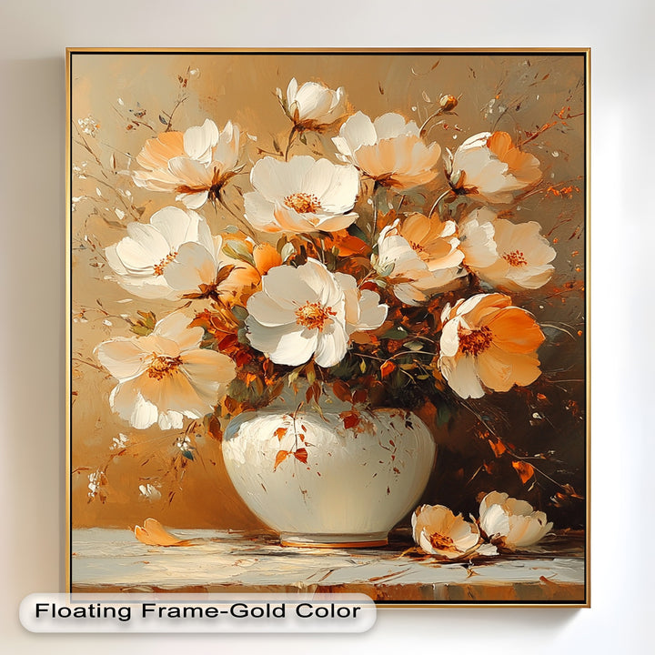 Warm-toned still life with delicate blossoms in a round vase.
