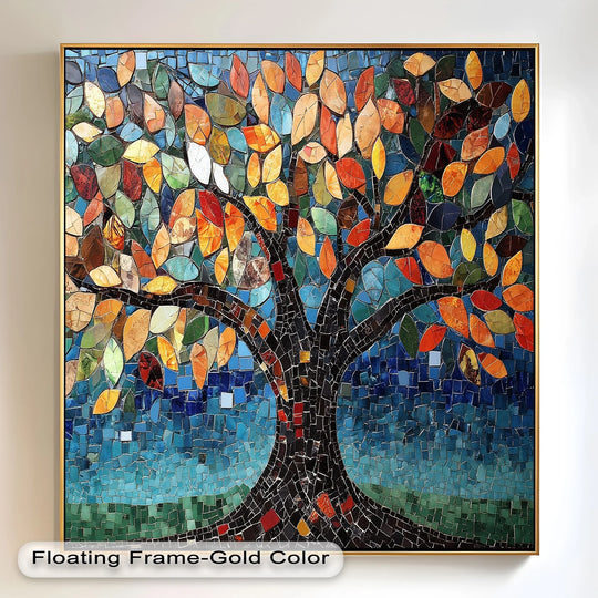 Vibrant fall foliage tree art with multicolored glass mosaic detail.
