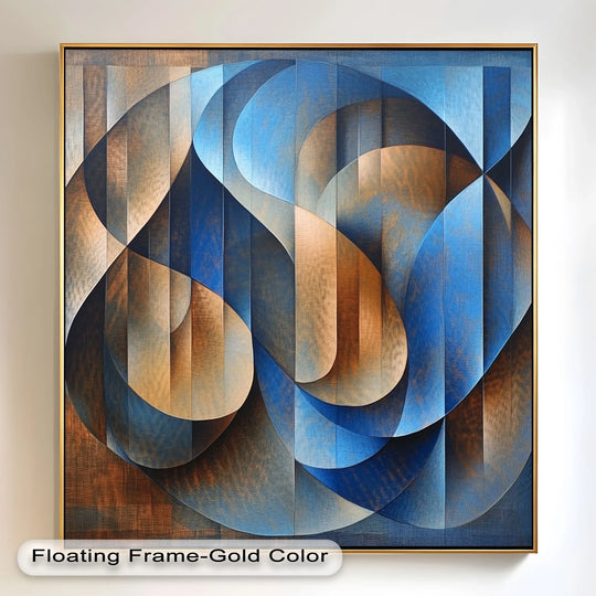 Modern abstract wall art with interwoven shapes in blue and bronze hues.
