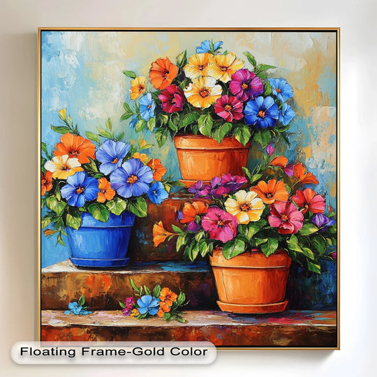 Deep in the shadows, the vivid 'Flower Pots Wall Decor' botanical oil painting wall art brings a rich contrast to the bright, colorful blooms.