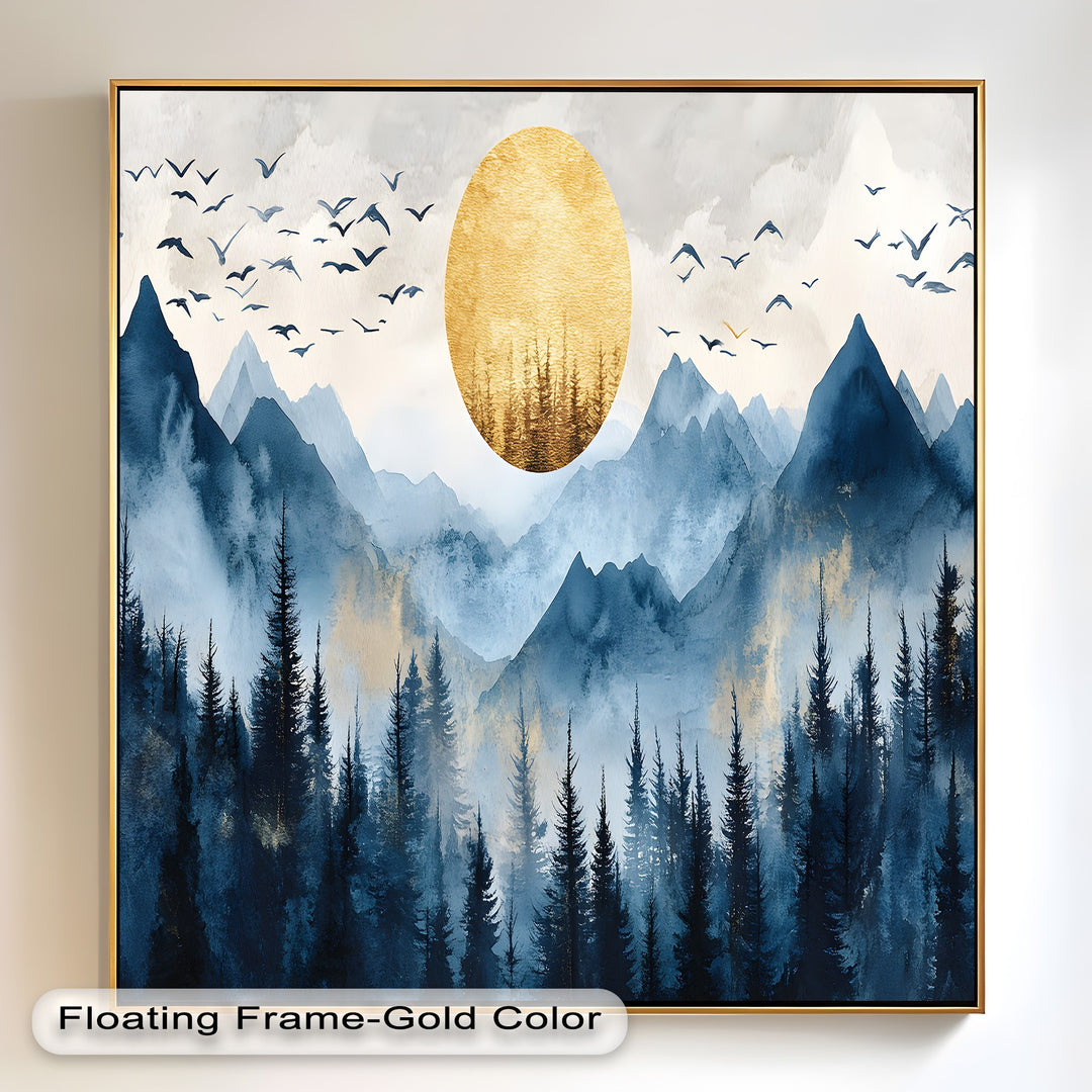 Majestic mountain scenery with warm golden sun and cool misty hues.
