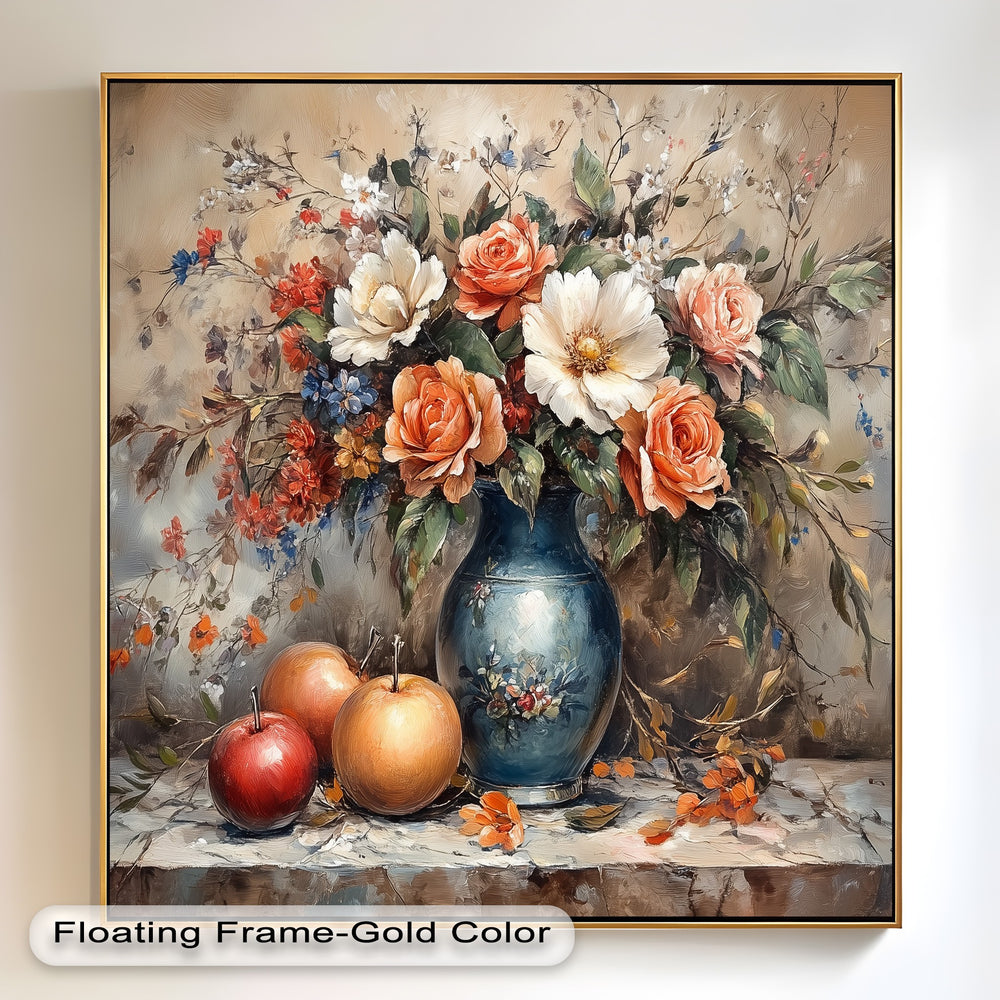 Classic floral arrangement in blue vase with harvest fruits.

