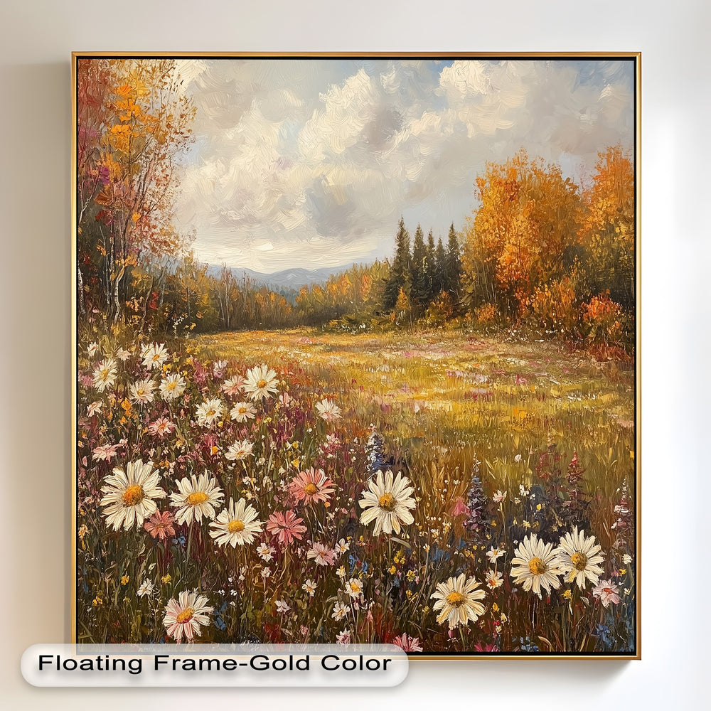 Golden landscape artwork featuring wildflowers and fall trees.
