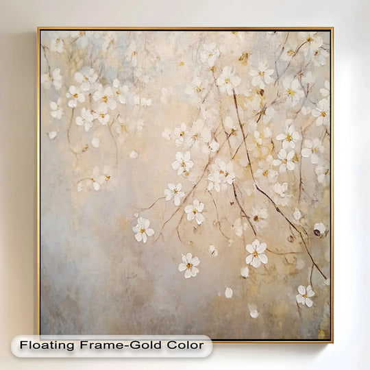 The gold finish on the frame complements the delicate floral oil painting home decor, enhancing its subtle beauty with light branches and petals.