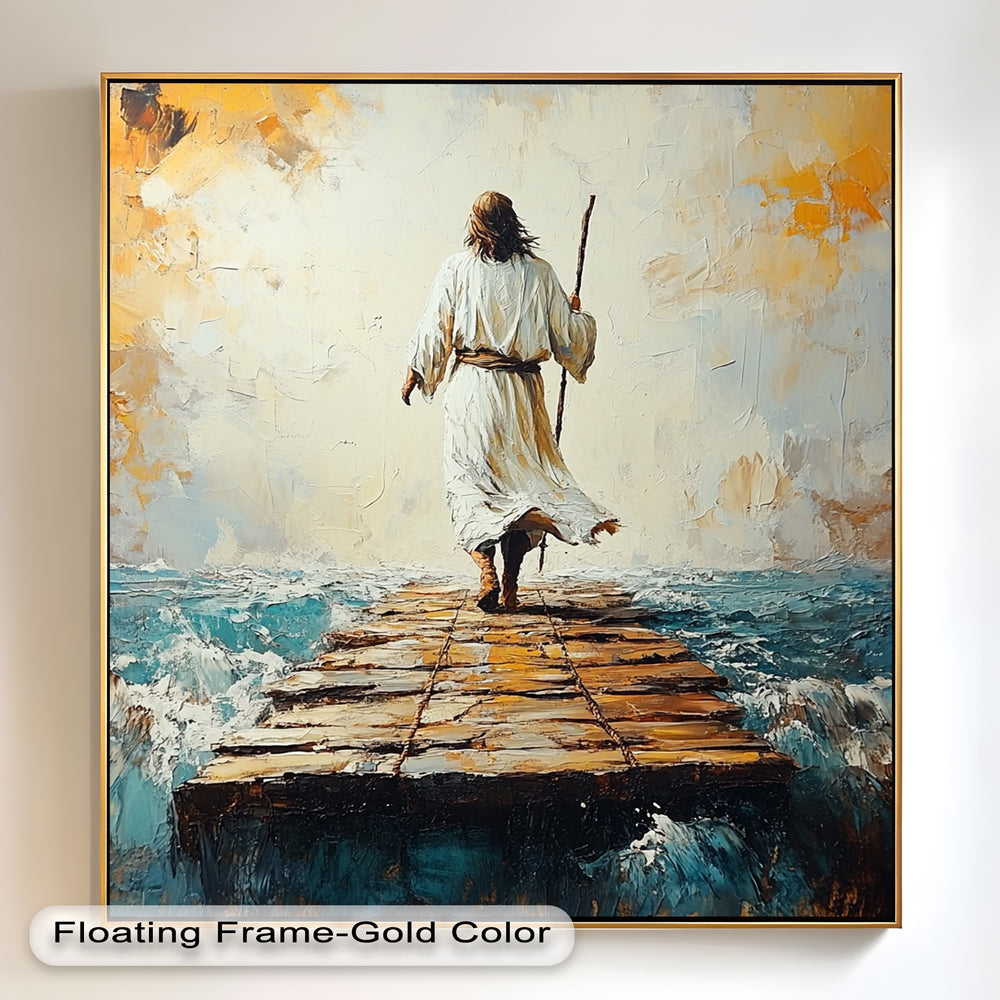 Divine journey artwork featuring robed man over ocean waves.
