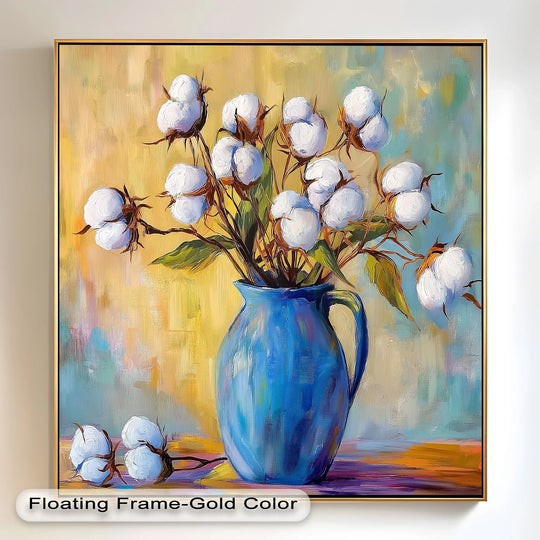 Geometric shapes define this floral oil painting reproduction print featuring a blue vase filled with cotton branches against a textured background.
